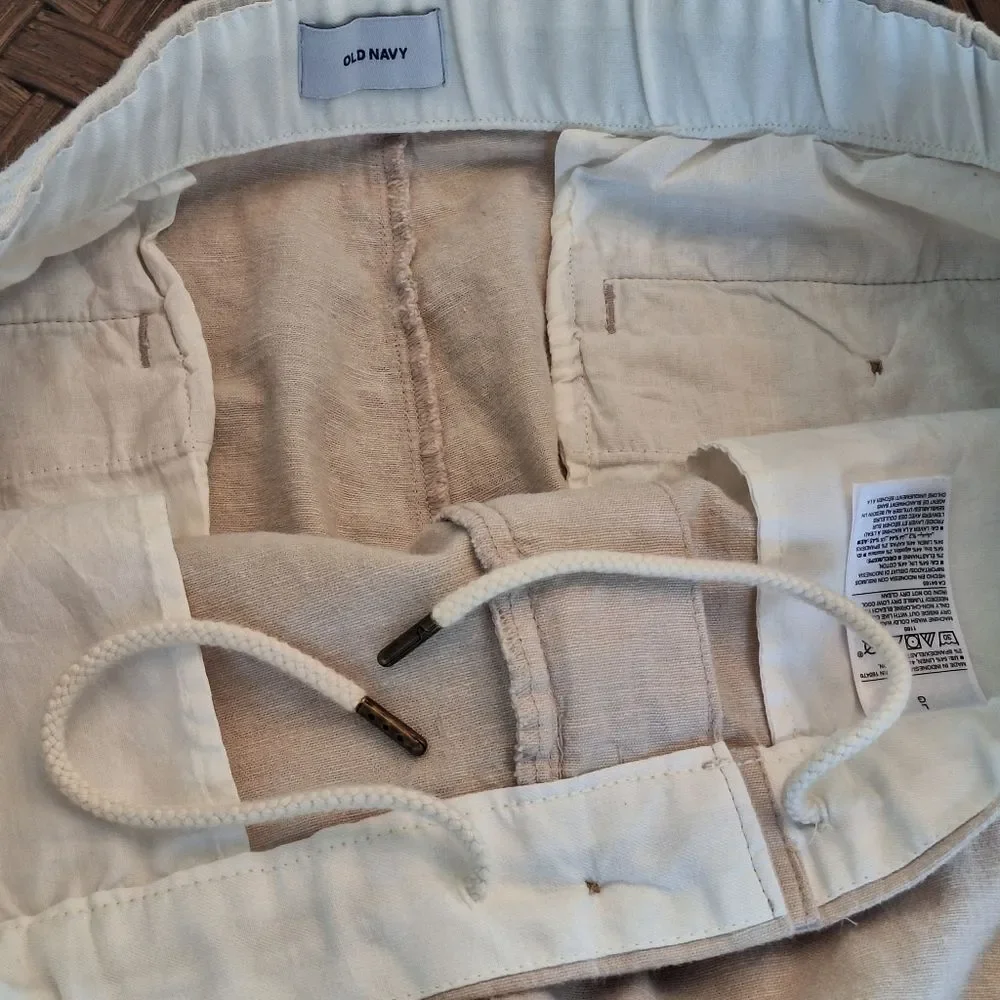 Old Navy Linen Blend Slim Pull On Trousers NWOT Drawstring Pants Beige Men's L